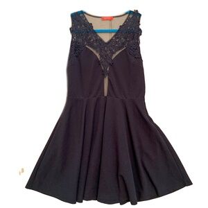 Banjul Black Fit and Flare Mini Dress V-neck Sheer Lace Bodice 1X